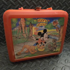 Vintage 1980s Mickey Mouse City Zoo Lunchbox with Thermos Disney Aladdin READ